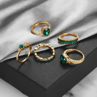 Retro Stylish Unique Design Green Finger Ring Set (5 pcs)